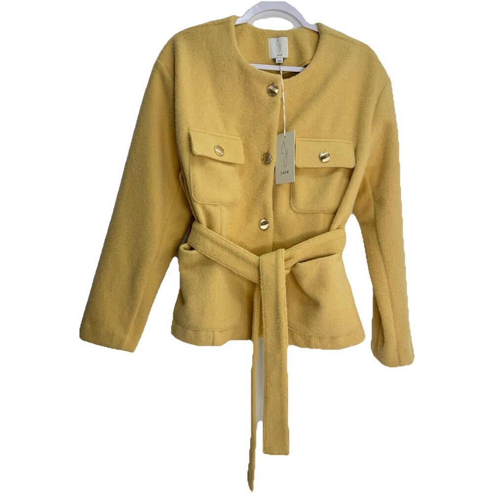 NWT Joie Button Down Coat with belt Pockets Yellow Gold Buttons Thick Soft Sz L